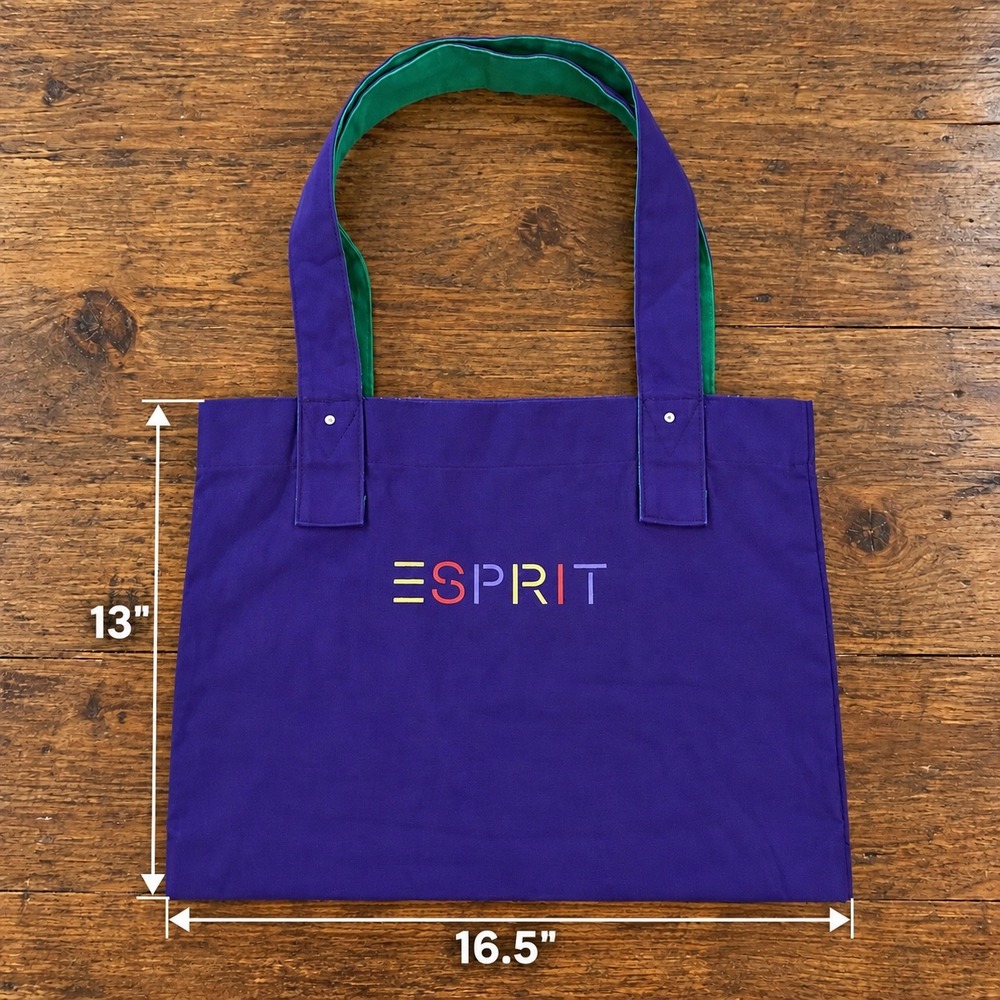 Vintage Esprit Purple Canvas Tote Bag Rainbow Logo Y2K Zipper Pocket Green Trim - Picture 10 of 10